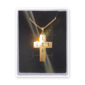 Picture of a Gold Color Necklace that has a Cross with the numbers 111 see-through from left to right and the numbers 1111 see through from up to down.