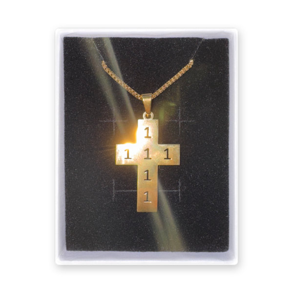 Picture of a Gold Color Necklace that has a Cross with the numbers 111 see-through from left to right and the numbers 1111 see through from up to down.